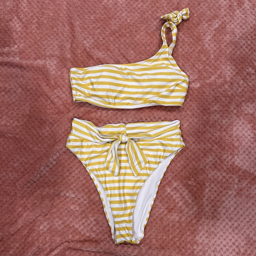 Aerie  Bikini Bandeau Top & High Cut Cheeky Bottoms Size Small Yellow & White